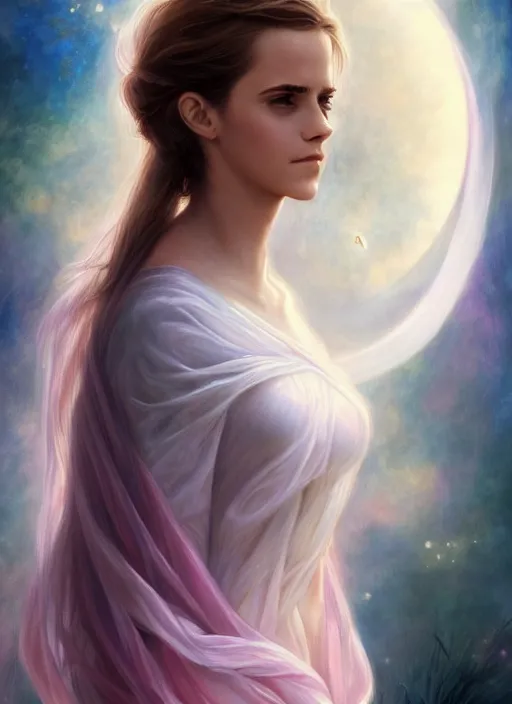 Prompt: emma watson as nature magic celestial, long hair, soft pink and white cloth, transparent cloth, space, D&D, shiny background, intricate, elegant, highly detailed, digital painting, artstation, concept art, smooth, sharp focus, illustration, artgerm, bouguereau