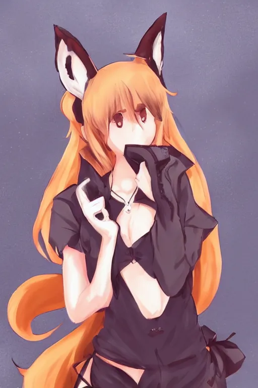 Prompt: an anime girl with fox ears and tail, trending on pixiv, by kawacy