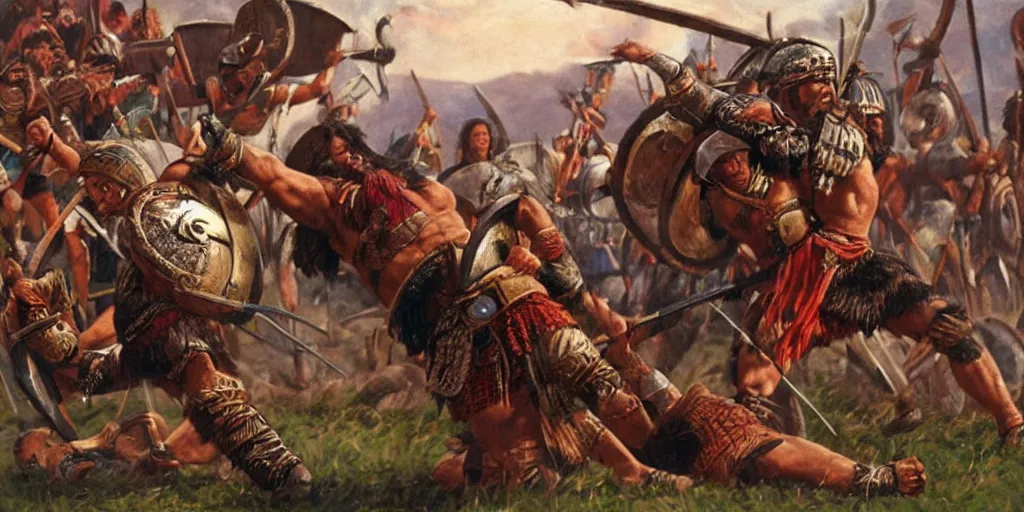 Image similar to Aztec Warrior fighting against Viking. Highly detailed, movie scene, dramatic.