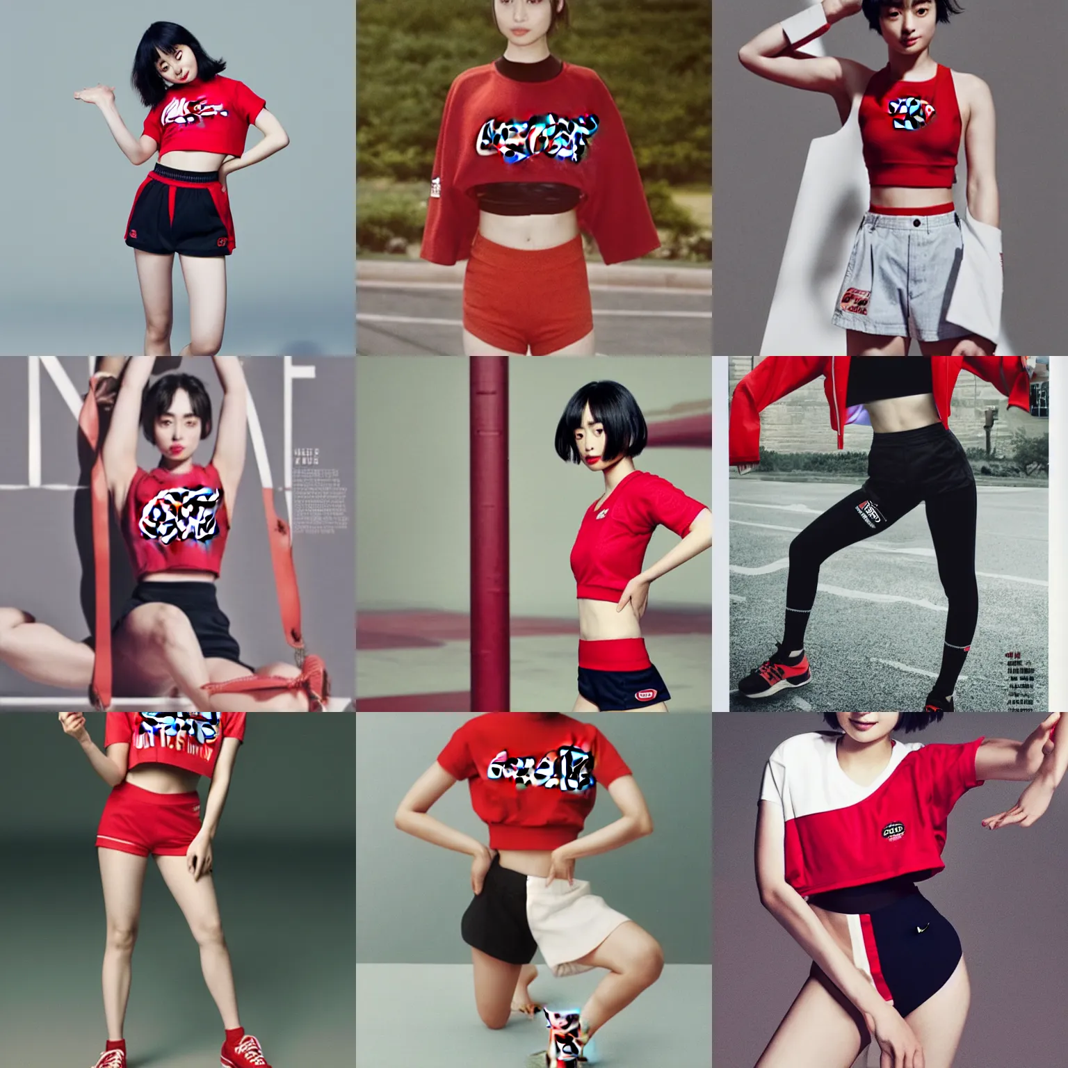 Prompt: suzu Hirose wearing crop red Coca Cola gym top with white Lettering, cropped red yoga short, advertising photograph by Mario Testino, masterwork