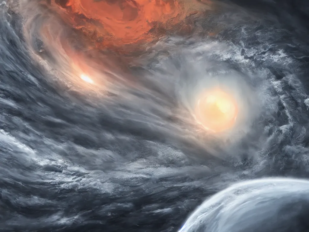 Prompt: the eye of sauron in the middle of a hurricane seen from space, digital painting, trending on artstation, deviantart, 8k, epic composition, intrinsic details, perfect coherence