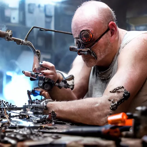 Image similar to balding older cyborg using jeweller's loupe with orange led light, inspecting complex gun made from rusted metal kitchen utensils, smoking soldering iron, dark messy cluttered workshop, highly detailed, sci - fi, futuristic, movie still from blade runner