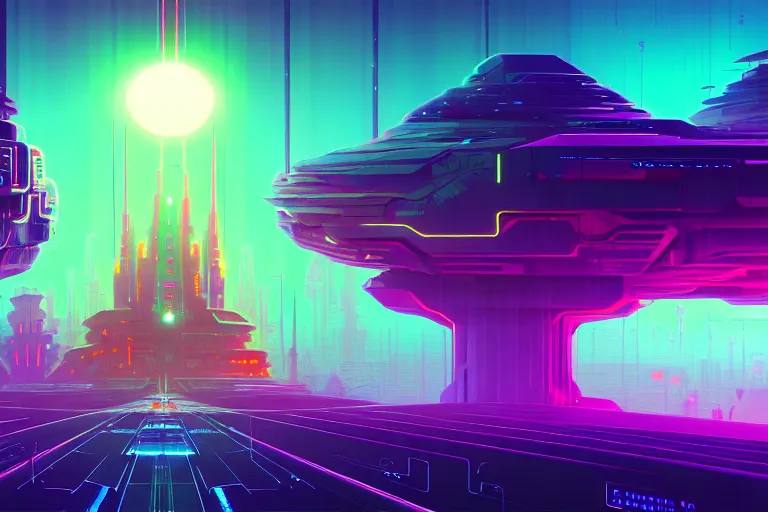 Image similar to a cybernetic cathedral overlooking an higway of data, cyberpunk, beautiful detailed, cinematic, strong lighting, hi - fructose art magazine, by anton fadeev and paul lehr and david heskin and josan gonzalez, 8 k