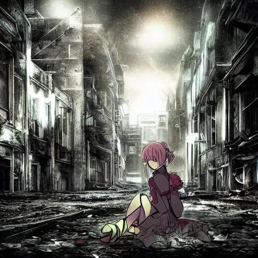 Image similar to vocaloid in abandoned city, dark, despair, loneliness