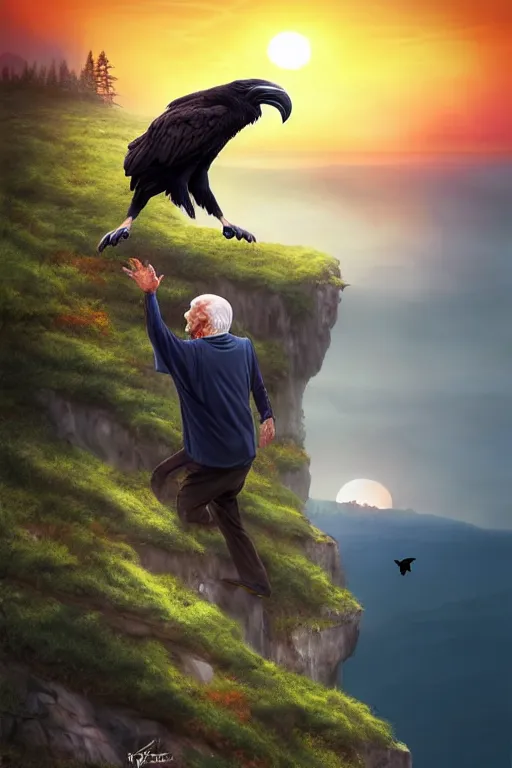 Image similar to elderly man falling off a cliff, tragic moment, 8 k, art by artgerm, award winning photo, sunset in background, wolfs growling on cliff edge, ravens in the sky, highly - detailed