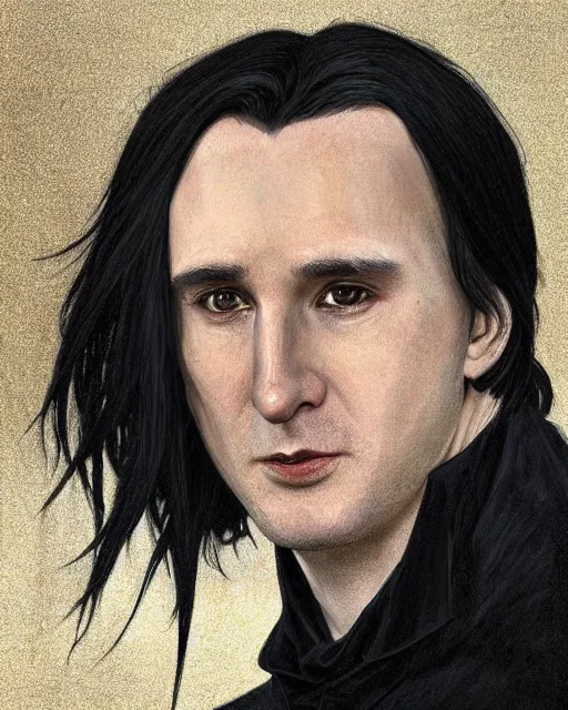 Image similar to portrait of a 3 2 - year - old man wearing black clothes, snape severus, with black, greasy, mid - length hair, hooked nose, dark brown eyes, yellow uneven teeth, highly detailed, digital painting, artstation, concept art, smooth, sharp focus, illustration, art by artgerm and greg rutkowski and alphonse mucha