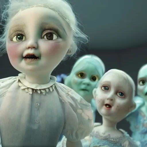 Prompt: a 3d rendered animated movie poster about eerily beautiful old cracked porcelain dolls with white hair, rendered in renderman, dramatic lighting, fine details, by pixar