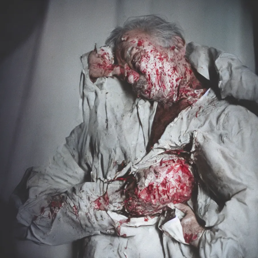 Image similar to 9 0 s movie still of an old man with a bloody hole in the stomach in a ballroom, cinestill 8 0 0 t 3 5 mm, heavy grain, high quality, high detail