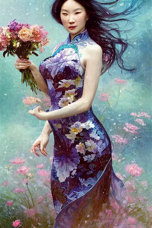 Prompt: portrait of a beautiful woman wearing a cheongsam dress, holding a bouquet of flowing flowers, drenched body, silver hair, emerging from the water, dark fantasy, regal, fractal crystal, fractal gems, by ross tran, stanley artgerm lau, thomas kindkade, alphonse mucha, loish, norman rockwell