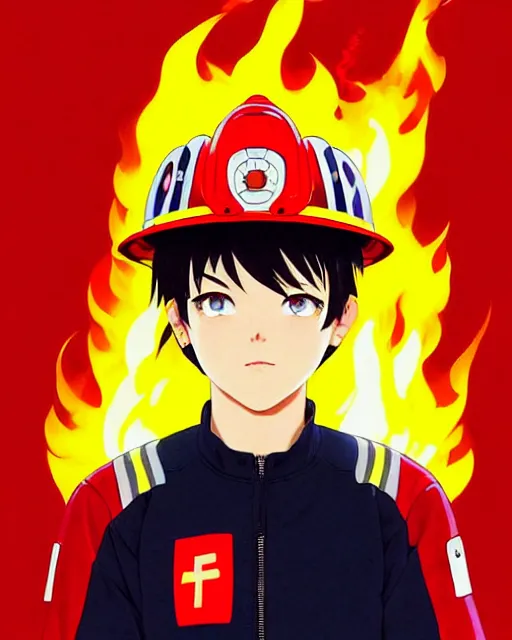 Image similar to fireman, fire helmet, flames background | | very very anime!!!, fine - face, audrey plaza, realistic shaded perfect face, fine details. anime. realistic shaded lighting poster by ilya kuvshinov katsuhiro otomo ghost - in - the - shell, magali villeneuve, artgerm, jeremy lipkin and michael garmash and rob rey