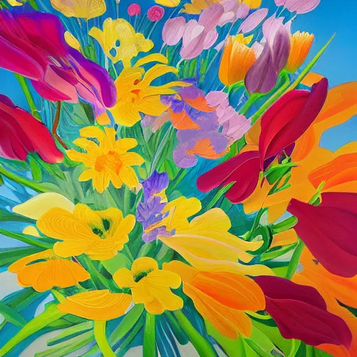 Prompt: a bouquet of colorful flowers, flowers with very long petals, light and shadow, glowing, vivid, detailed painting, by Alex Katz, Thomas Kinkade, James Jean and Ross Tran, masterpiece, award winning painting