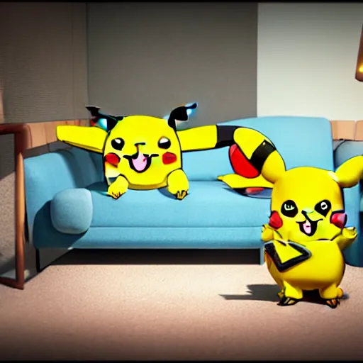 Image similar to Pikachu taking a bong rip on the couch, unreal engine 5, octane render, cgsociety, living room interior, soft lighting, ray tracing,