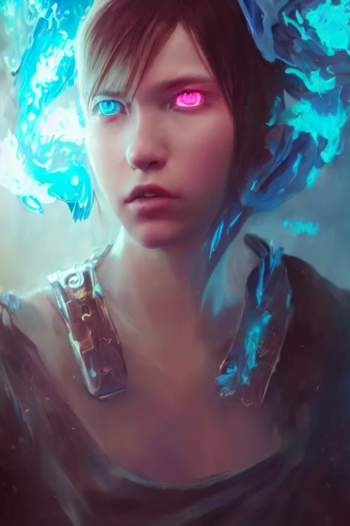 Image similar to a fancy portrait of a young Demon girl covered in blue flames by Greg Rutkowski, Sung Choi, Mitchell Mohrhauser, Maciej Kuciara, Johnson Ting, Maxim Verehin, Peter Konig, final fantasy , 8k photorealistic, cinematic lighting, HD, high details, atmospheric , trending on artstation