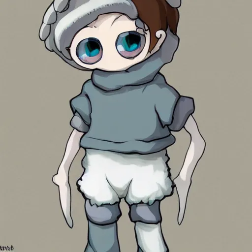 Image similar to little boy wearing sheep suit. white, gray, blue, green and brown pallet color. made in abyss art style, inspired in kris from deltarrune, cute detailed artwork, anatomically correct