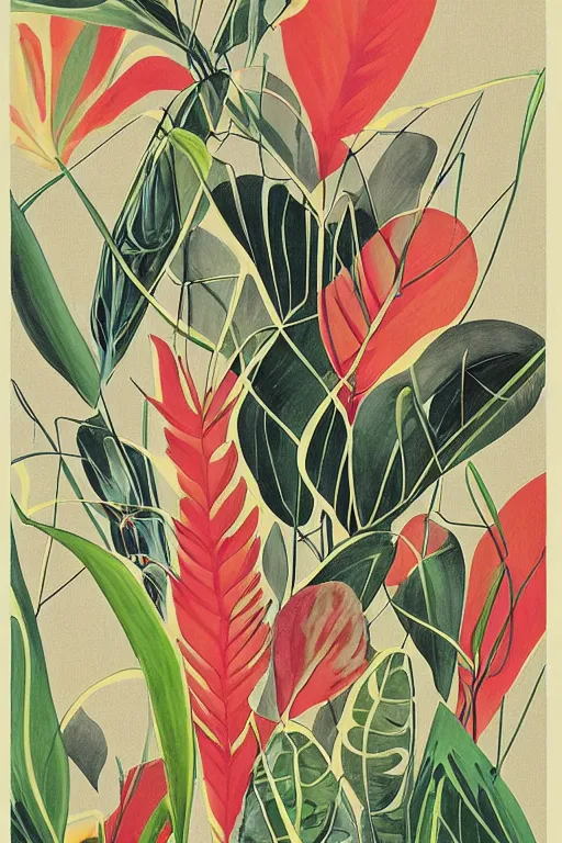 Prompt: mid century modern art retro botanical illustration on canvas by bernard simunovic