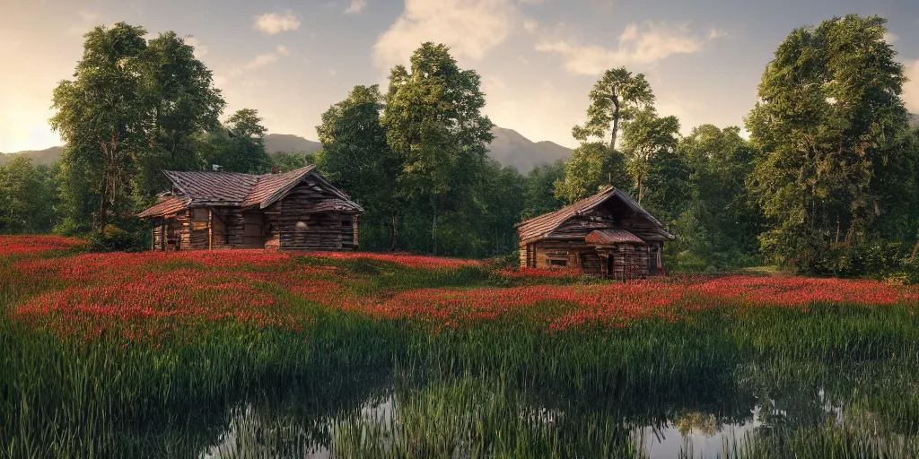 Image similar to a serene landscape with a singular building near a lake at sunrise, forest, mountains, clouds in the sky, concept art, octane render, unreal engine 5, trending on DeviantArt, highly detailed, high quality, 4K, low contrast, path traced, godrays, bloom, Ferdinand Knab, beautiful landscape, red flowers, trending on Artstation, soft lighting, hyperrealistic, digital art