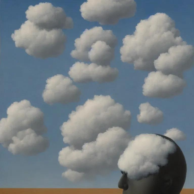 Image similar to cloud - man, by rene magritte, centered, detailed painting, hd, hq, high resolution, high detail, 4 k, 8 k