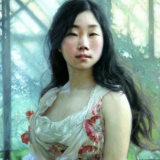 Prompt: full body portrait of a beautiful young asian girl glasses, pregnant, freckles, summer dress, fully clothed!, worksafe!!!, jeremy mann and alphonse mucha, photo realistic, dynamic lighting, windy, artstation, poster, dreamy, volumetric lighting, ethereal, 4 k, high detail