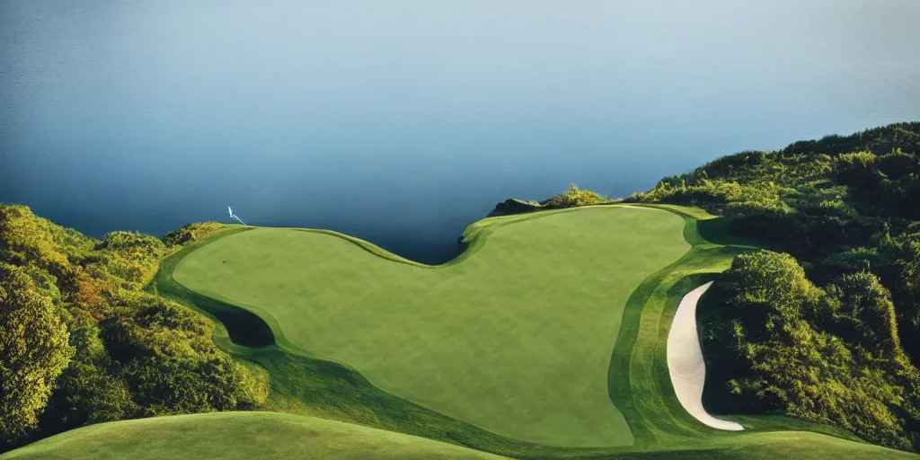 Image similar to a great photograph of the most amazing golf hole in the world completely surrounded by water, loch ness monster in the water, ambient light, golf digest, top 1 0 0, fog