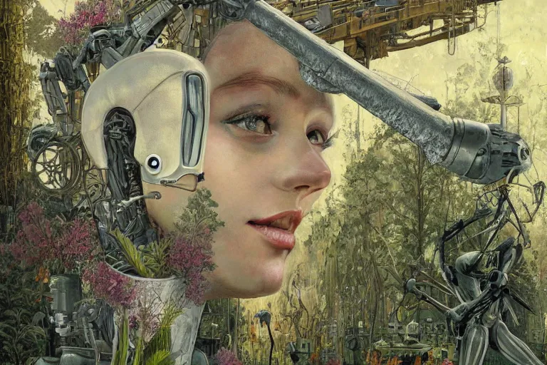 Prompt: gigantic robot - girl head floating in the space, a lot of exotic plants, trees, flowers, oldschool vintage sci - fi flat surreal grainy design, super - detailed, painting by enki bilal, hd, 4 k, high quality