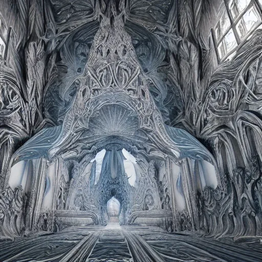 Image similar to a hyperrealistic 3 d painting of a huge sprawling fractal cathedral interior populated by mandelbrot fractals by android jones, unreal engine, carved stone, carved soap, white color scheme, volumetric lighting, octane render, dramatic lighting, glowing, carved marble, opalescent, sacred geometry, religious, angelic, catholicpunk, stark, 8 k, ultra detailed