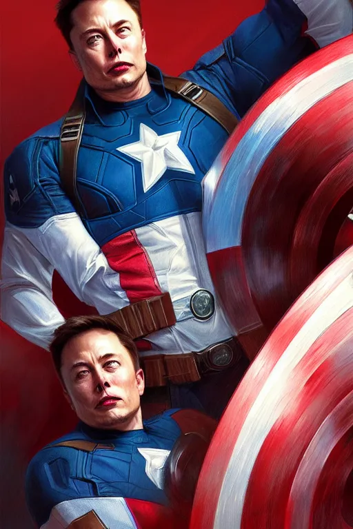 Image similar to elon musk as captain america, portrait, highly detailed, digital painting, artstation, concept art, smooth, sharp focus, illustration, cinematic lighting, art by artgerm and greg rutkowski and alphonse mucha