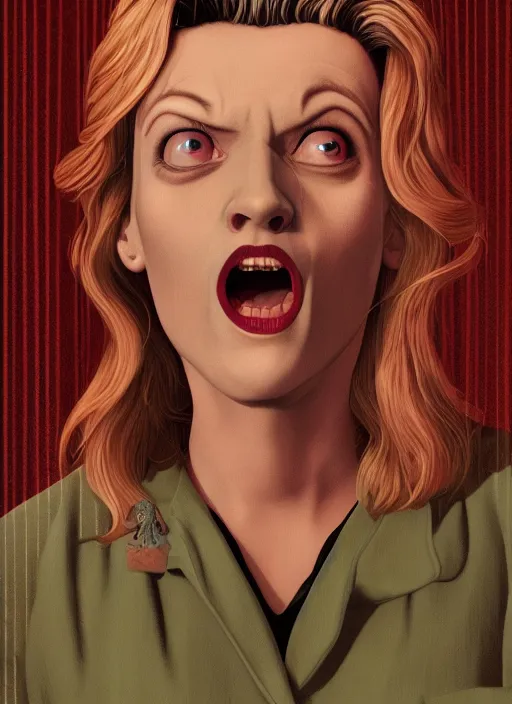 Prompt: Twin Peaks movie poster artwork by Michael Whelan and Tomer Hanuka, Rendering of Laura Palmer screaming, from a scene from Twin Peaks, clean, full of detail, Matte painting, trending on artstation and unreal engine