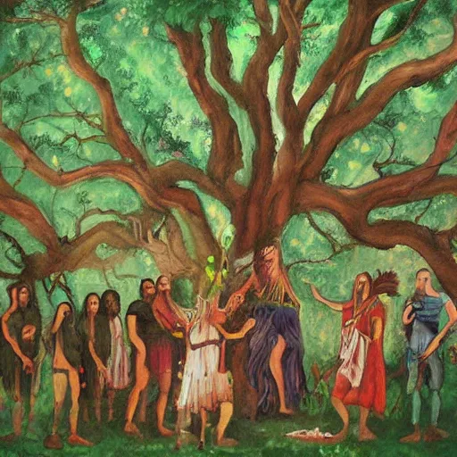 Prompt: detailed painting of druid ritual surrounding an ancient tree