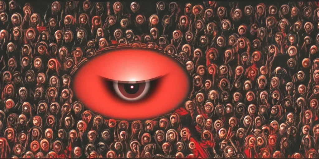 Image similar to a single blood - red eyeball is in the center of the picture, surrounded by apostles of god, 4 k resolution, by miura kentaro, ultra detailed,