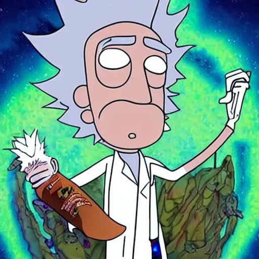 Image similar to Bill Murray playing Rick Sanchez, with spikey grey hair, and wearing a white lab coat, real-life action movie of Rick & Morty announced, poster art