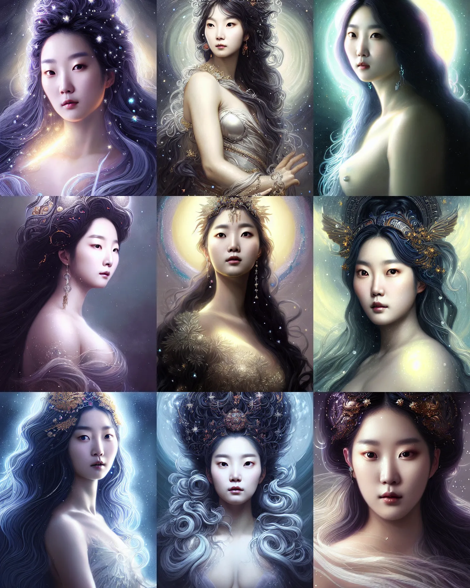 Prompt: baroque neoclassicist closeup portrait of lee jin - eun as a beautiful moon goddess with stars in her flowing hair, reflective detailed textures, glittering multiversal ornaments, dark fantasy scifi painting by, greg rutkowski, artgerm, ross tran, dramatic lighting, gleaming silver and soft rich colors