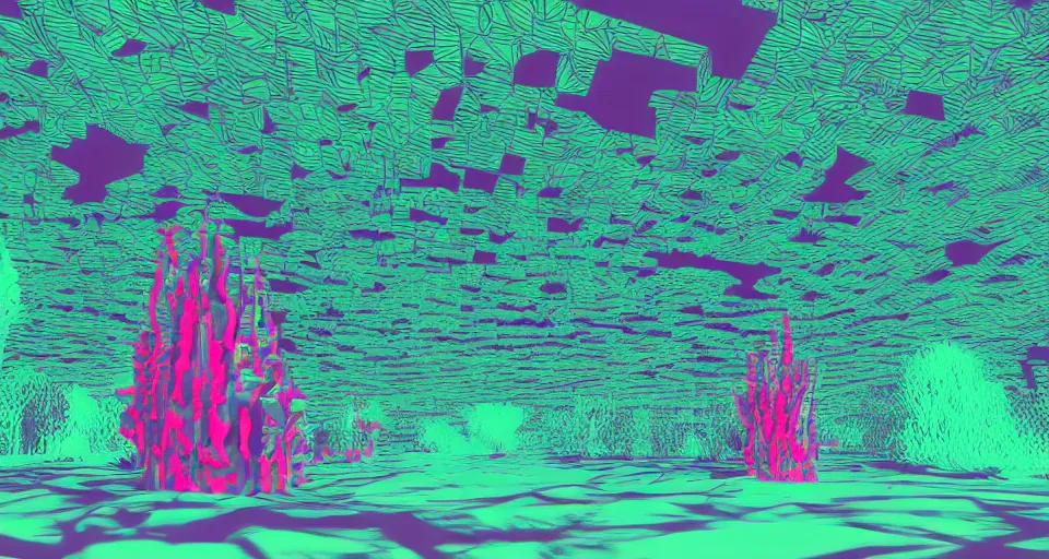 Image similar to 80s vaporwave outrun 3d Render of red deep sea forest, liminal space retro, grainy, noisy