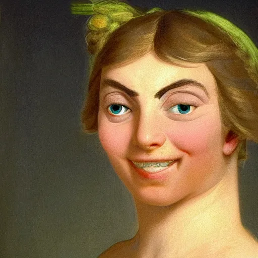 Prompt: helga pataki's teeth, soft rainbow light, painting by jacques-louis david, sad muppet eyes