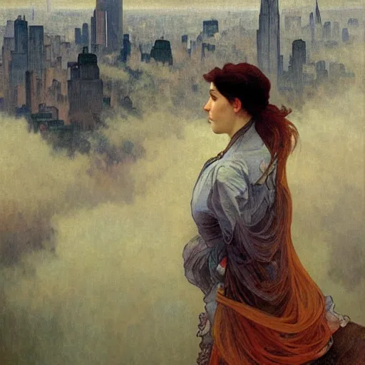 Image similar to “ a girl standing on a ledge looking down at a futuristic new york city below, fog, storm clouds, rain, detailed face, oil painting, by alphonse mucha ”