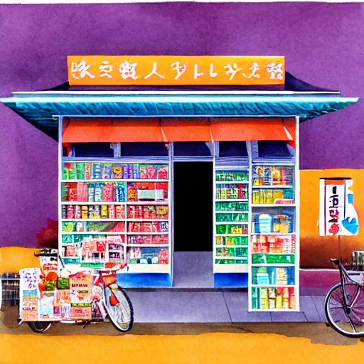 Prompt: japanese convenience store by me kyeoung lee, watercolor,