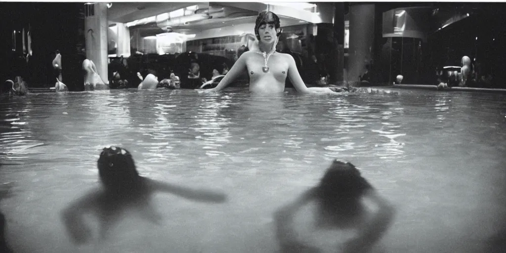 Prompt: an evil mermaid in a pool in Las Vegas, candid, long lens, shallow depth of field, photograph by Nan Goldin