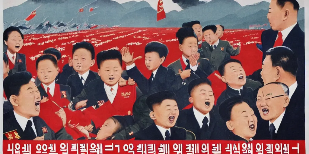 Prompt: north korean propaganda poster with children surrounding dear leader and generals crying in the background