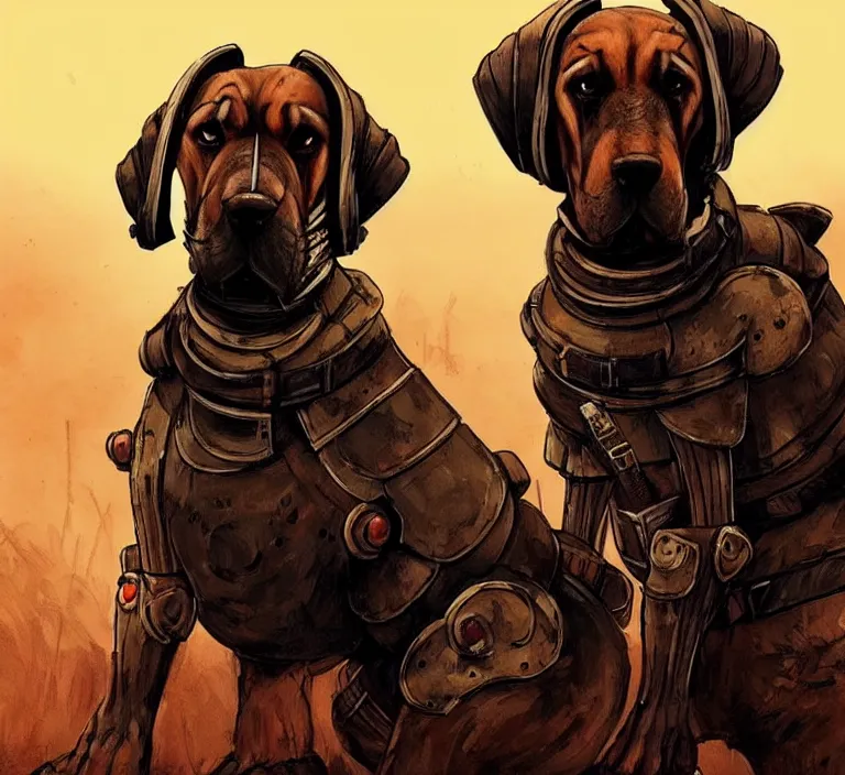 Image similar to a good ol'floppy - eared bloodhound pup fursona ( from the furry fandom ), heavily armed and armored facing down armageddon in a dark and gritty version from the makers of mad max : fury road. witness me.