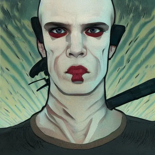 Image similar to portrait of rubbery, gaunt albino mutant with moist skin, sharp features, large lips, huge black eyes and determined expression, wearing fascist Byzantine police uniform and standing on cyberpunk docks, Dune concept art by Anato Finnstark, Alphonse Mucha, and Greg Rutkowski