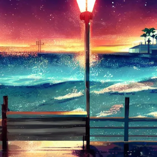 Prompt: a costal florida town at midnight, dark outside, ocean nearby, modern anime style, official anime still