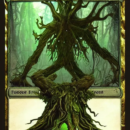 Image similar to giant green old treant creature, elven treant made of leaves and roots, old elven treant, old humanoid ents, old humanoid treant, epic fantasy style, green theme, forest background, hearthstone artwork