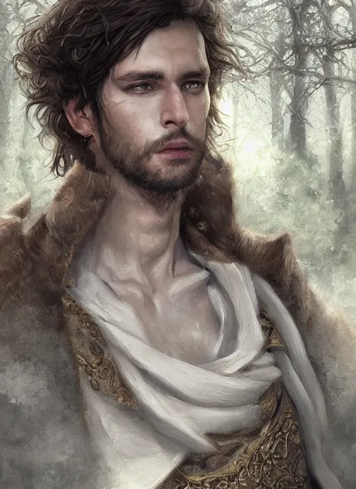 Prompt: realistic portrait painting of a male cleric, old mystic ruins, afternoon, intricate, elegant, highly detailed, digital painting, sharp, focus, by artgerm and greg rutkowski