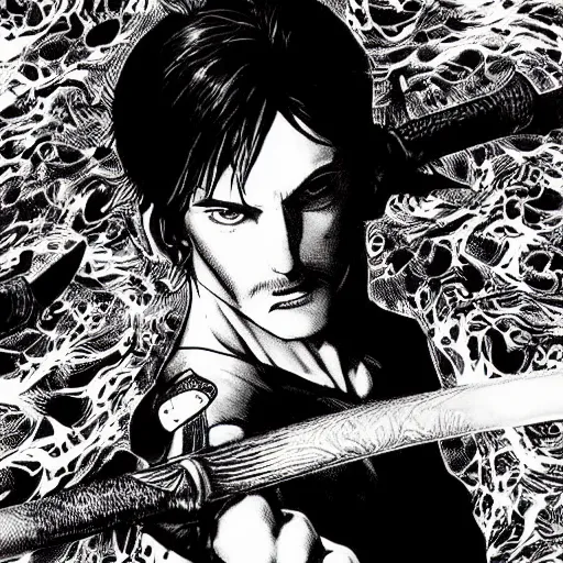 Image similar to pen and ink!!!! attractive 22 year old Gantz monochrome!!!! Frank Zappa x Daniel Radcliff highly detailed manga Vagabond!!!! telepathic floating magic swordsman!!!! glides through a beautiful!!!!!!! battlefield magic the gathering dramatic esoteric!!!!!! pen and ink!!!!! illustrated in high detail!!!!!!!! graphic novel!!!!!!!!! by Juan Francisco Casas and Hiroya Oku!!!!!!!!! MTG!!! award winning!!!! full closeup portrait!!!!! action manga panel