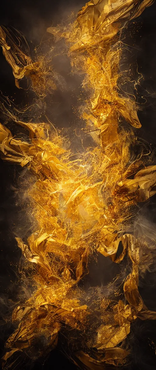 Image similar to 'Deamons unleashed in Times Square' by István Sándorfi royally decorated, whirling smoke, embers, gold encrustations , gilt silk torn fabric, radiant colors, fantasy, perfect lighting, studio lit, micro details,