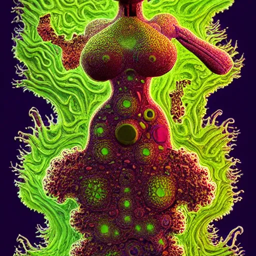 Image similar to sleek highly evolved biomechanical nubile phyrexian dreadnought pregnant borg queen hybrid dotted with small fractal lichens and fungal growth being possessed by the machine spirit, artists mœbius and philippe caza with beryl cook and jack kirby, high contrast cinematic light, mystical shadows, sharp focus, octane render