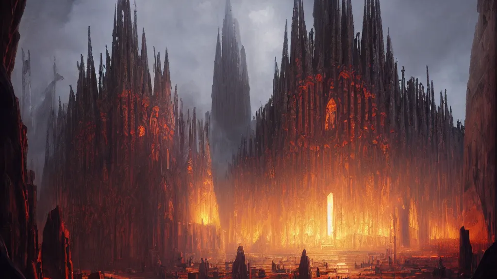 Prompt: landscape view of an obsidian Sagrada Família cathedral with a giant obsidian door, in the elemental plane of fire, Dungeon and Dragon illustration, painted by Greg Rutkowski, 4k, trending on ArtStation