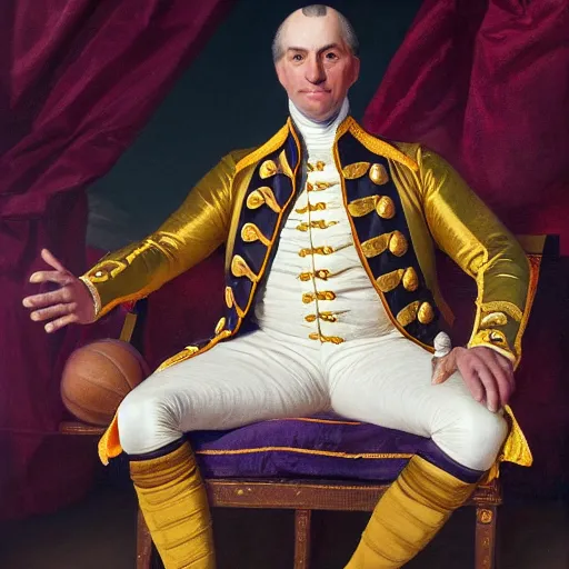 Image similar to official portrait of the los angeles lakers dictator, 1 7 8 0, in full lakers military garb. oil on canvas by william sidney mount, oil on canvas, octane render