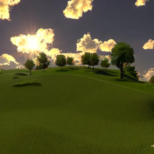 Prompt: green hill with fake clouds and fake sun, cloned houses, day, 8k, realistic, high details, volumetric light