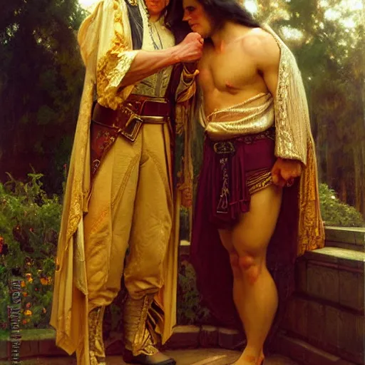 Image similar to attractive fully clothed king confesses his love for his attractive fully clothed male prince. highly detailed painting by gaston bussiere, mark brooks, j. c. leyendecker, craig mullins