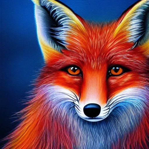 Prompt: luminescent colorful detailed airbrush painting of long haired fox